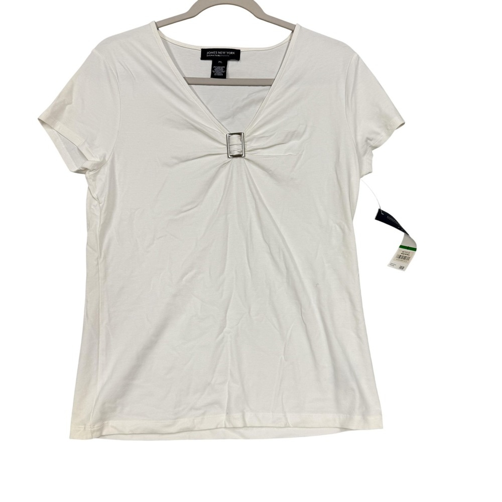 Jones New York Shirt Womens Petite Large White V-Neck Buckle Short Sleeve